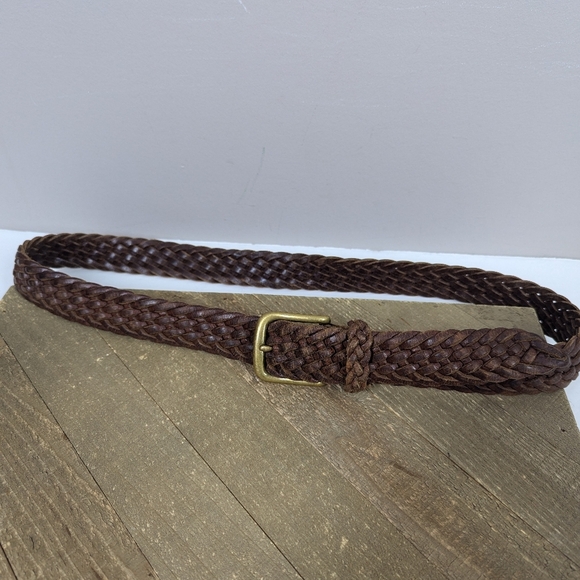 Vintage Brown Woven Leather Belt Brass Buckle Adjustable 41" Unisex Boho Western - Picture 1 of 7